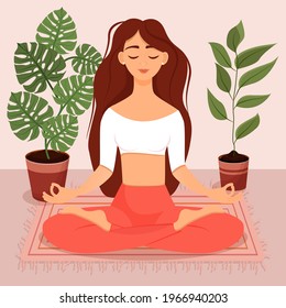 Young brunette girl sitting in lotus pose at home surrounded by plants. Vector illustration of a room with of the woman doing yoga, meditation, healthy lifestyle. Crossed legs. Interior with people.