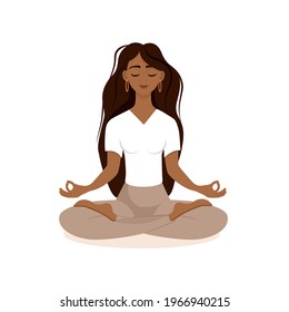 Young brunette girl sitting in lotus pose at home. Vector illustration isolated on white background of the African American woman doing yoga, meditation, healthy lifestyle. Crossed legs.