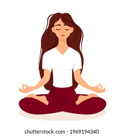 Young brunette girl sitting in lotus pose at home. Vector illustration isolated on white background of the woman doing yoga, meditation, healthy lifestyle. Crossed legs.