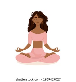 Young brunette girl sitting in lotus pose at home in a pink tracksuit. Vector illustration isolated on white background of the African American woman doing yoga, meditation. Crossed legs.