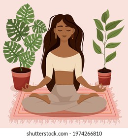Young brunette girl sitting in lotus pose at home surrounded by plants. Vector illustration of a room with of the African American woman doing yoga, meditation, healthy lifestyle. Crossed legs.