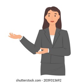 A young brunette girl in a suit shows a hand gesture. A businesswoman, a student, a female, a feminist stands alone on a white background. Vector illustration in a flat style.