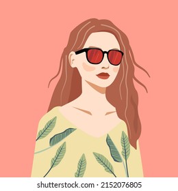 Una joven morena con gafas de sol en un fondo rosado. Una mujer vestida con una estampación estropírica. Verano, ilustración de moda. ropa con hojas