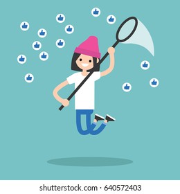 Young brunette girl trying to catch likes with a nettle. Social media marketing concept / flat editable vector illustration, clip art