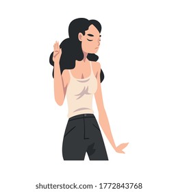 Young Brunette Girl Turned Away. Vector Illustration.