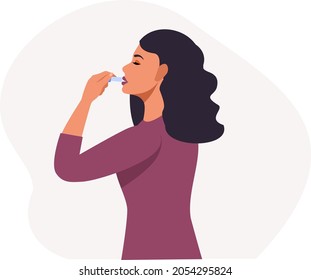 A young brunette girl uses an asthma inhaler against an allergic attack. Symptoms to improve breathing. World Asthma Day. Medicine for inhalation. Vector illustration