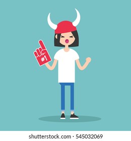 Young brunette girl wearing horned hat and foam finger / flat editable vector illustration, clip art
