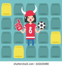 Young brunette girl wearing horned hat and foam finger at the stadium / flat editable vector illustration, clip art