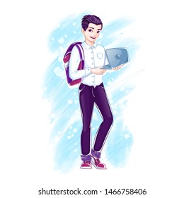 A young brunette guy with a backpack on his shoulder is holding an open laptop. Education. Smart modern youth. Vector character student, sketch, watercolor.