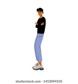 Young Brunette Handsome Man in Casual Clothes Standing with Arms Crossed Vector Illustration