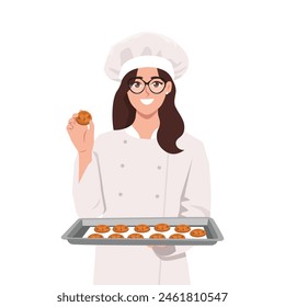 Joven morena ama de casa chef cocinero panadero mujer con delantal mostrar galletas galletas en la hoja de hornear. Ilustración vectorial plana aislada sobre fondo blanco