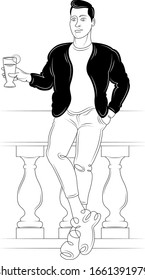 Young brunette man in a black jacket with a glass of cocktail. Character cartoon flat isolated colored drawing sketch continuous line minimalism illustration