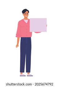 Young brunette man holding a poster in her hand. Girl at the rally. Character isolated on white background. Flat cartoon vector illustration.