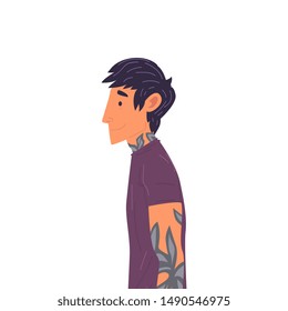 Young Brunette Man with Tattoos Side View Vector Illustration True Style