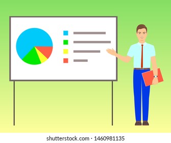 A young brunette man in a tie stands at the screen with a presentation of a business plan. Vector illustration on green background.