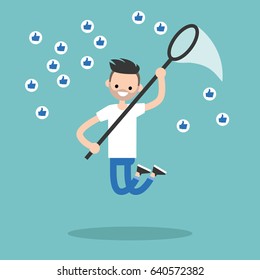 Young brunette man trying to catch likes with a nettle. Social media marketing concept / flat editable vector illustration, clip art