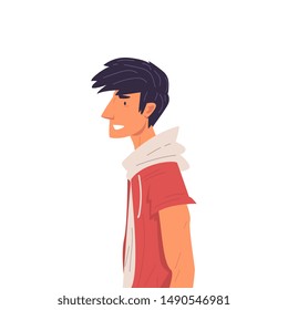 Young Brunette Man Wearing T-shirt with Hood and Short Sleeve Side View Vector Illustration True Style