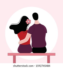 Young brunette man and woman sitting on a bench. Date, hug, love. The view from the back.Vector linear illustration