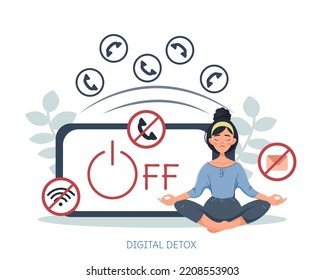 A young brunette is sitting in a lotus position. Rejection of negative news, gadgets, the Internet, social networks. Digital detox. Maintaining mental health. Vector