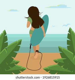 a young brunette walks with a surfboard in her hands, the rear view goes along the beach towards the sea. Vector illustration on the theme of summer and outdoor activities