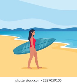 Young brunette walks with a surfboard towards the sea. Vector illustration