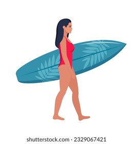 Young brunette walks with a surfboard towards the sea. Vector illustration