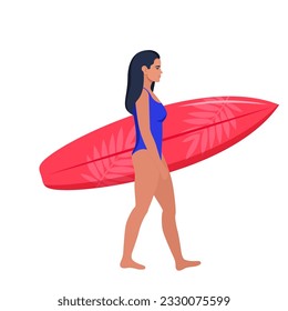 Young brunette walks with a surfboard towards the sea. Vector illustration