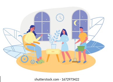 Young Brunette in Wheel Chair, Wearing Glasses, Is Spending Time in Living Room, Taking Some Rest. Children, Helping Mother with Tidying Up House. Boy, Scrubbing Floor. Girl, Taking Care Potted Plant.