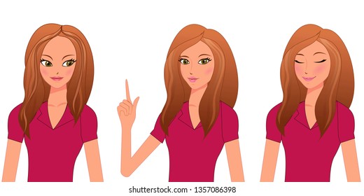 Young brunette woman avatar with different expressions set. European girl with emotions