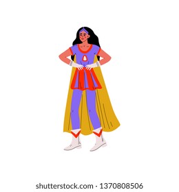 Young Brunette Woman in Bright Superhero Costume, Super Girl Character Standing with Hands on Her Waist Vector Illustration