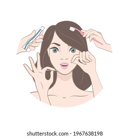 Young Brunette woman brushing her teeth. Dental care. Healthy teeth. Vector illustration in cartoon style