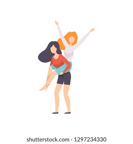 Young Brunette Woman Carrying Her Female Friend on Her Back, Female Friendship Vector Illustration