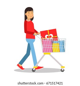 Young brunette woman in casual clothes walking with a shopping cart cartoon character vector Illustratio