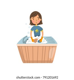 Young brunette woman in casual clothing washing dishes in the kitchen, housewife in housework activity cartoon vector Illustration