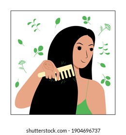 Young brunette woman character combs her long loose hair. Natural herbal cosmetics wooden comb made from eco friendly materials. Daily self care routine. Stock vector illustration isolated on white.