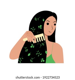 Young brunette woman character combs her long loose hair. Natural herbal cosmetics wooden comb made from eco friendly materials. Daily self care routine. Stock vector illustration isolated on white.