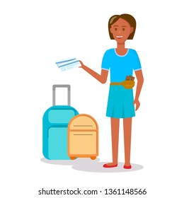 Young Brunette Woman Character Wearing Blue Dress Standing at Suitcases Luggage Isolated on White Background. Girl Going to Summertime Voyage. Cartoon Flat Vector Illustration, Clip Art.