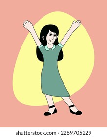 Young brunette woman dancing and having fun. Funny character cartoon style. Vector color illustration.