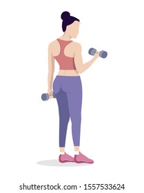 Young brunette woman doing fitness. Healthy lifestyle, sports. The girl lifts the bar. Isolated. Vector