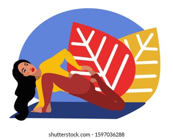 Young brunette woman doing yoga exercises. Yoga logo for poster, banner, flyer or card design. Warm up, stretching. Flat vector stock illustration.