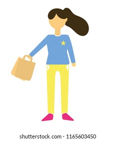 Young brunette woman dressed in stylish clothes, shopping bags, isolated on white background. A girl with shopping, a shopaholic. Flat cartoon colorful vector illustration