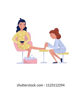 Young brunette woman enjoying a foot massage at spa or beauty salon vector Illustration on a white background