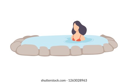 Young brunette woman enjoying outdoor thermal spring, girl relaxing in hot water in bath tub vector Illustration on a white background
