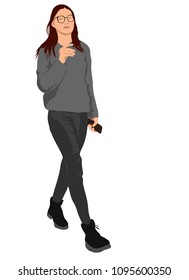 young brunette woman in glasses, grey jacket and dark trousers. face changed to abstract