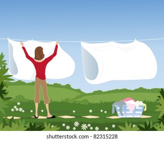 a young brunette woman hanging white sheets on a washing line overlooking beautiful countryside, vector illustration in eps 10 format