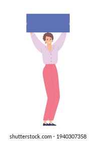 Young brunette woman holding a poster in her hand. Girl at the rally. Character isolated on white background. Flat cartoon vector illustration