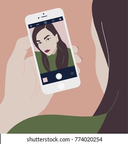 Young brunette woman holding smartphone and making selfie photo on front-facing camera. Long haired girl looking at phone with self portrait on screen. Colorful vector illustration in flat style.