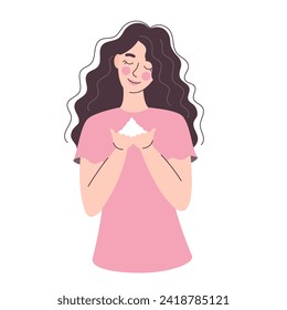 A young brunette woman holds a handful of salt in her hands. Sea salt, spa care, health care, salt bath. Vector illustration in flat style isolated on white background