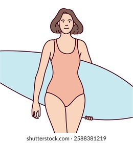 A young brunette woman in a light pink one-piece swimsuit walks confidently along the shore, holding a surfboard, ready for a fun day in the waves. Flat vector illustration.