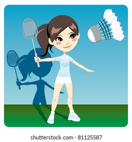 Young brunette woman playing professional badminton indoors